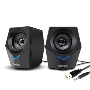 FRONTECH 2.0 Multimedia Speakers: 10W USB-Powered PC/Laptop/Mobile Speakers with 3.5mm AUX & Blue LED Lighting. (SPK-0011)