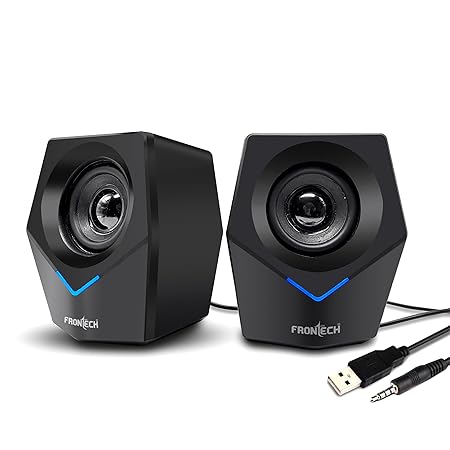 FRONTECH 2.0 Multimedia Speakers: 10W USB-Powered PC/Laptop/Mobile Speakers with 3.5mm AUX & Blue LED Lighting. (SPK-0011)