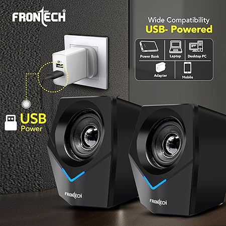 FRONTECH 2.0 Multimedia Speakers: 10W USB-Powered PC/Laptop/Mobile Speakers with 3.5mm AUX & Blue LED Lighting. (SPK-0011) - Image 3