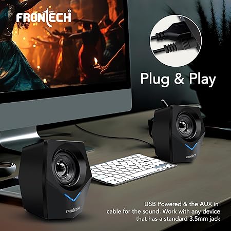 FRONTECH 2.0 Multimedia Speakers: 10W USB-Powered PC/Laptop/Mobile Speakers with 3.5mm AUX & Blue LED Lighting. (SPK-0011) - Image 5