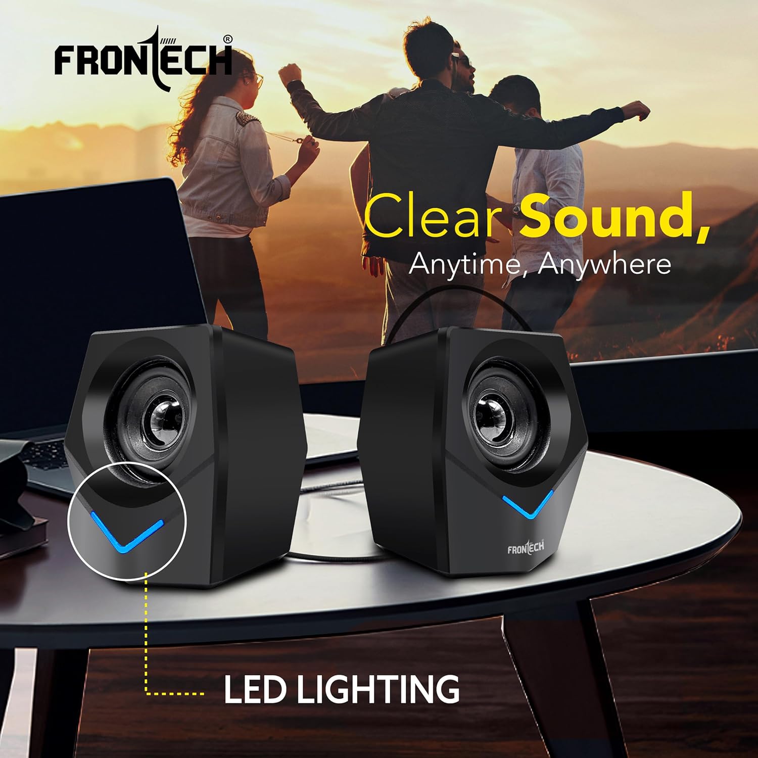 FRONTECH 2.0 Multimedia Speakers: 10W USB-Powered PC/Laptop/Mobile Speakers with 3.5mm AUX & Blue LED Lighting. (SPK-0011) - Image 7